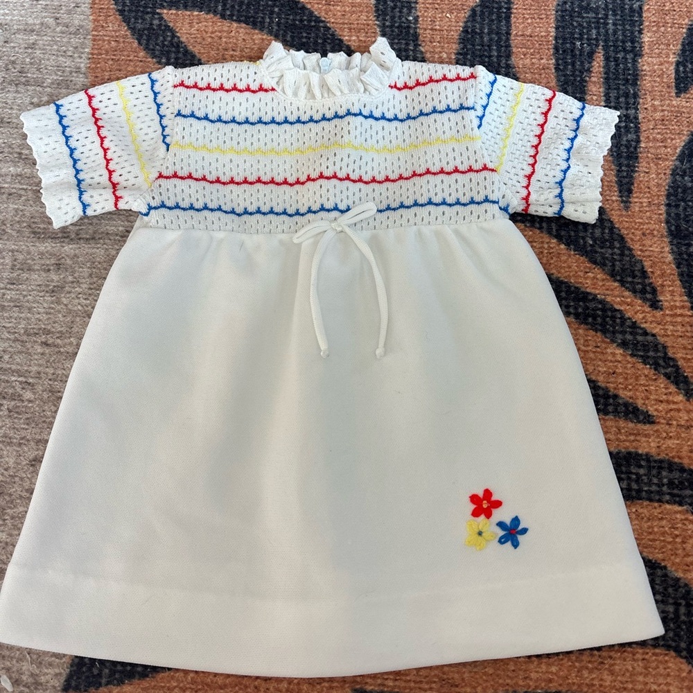 Vintage White Girls Dress with Red, Blue and Yellow Stripes